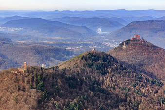 Vue aérienne de Les quatre ruines du château de Scharfenberg, Jungturm, Anebos et le château de Trifels en hiver depuis le sud-est à Leinsweiler dans le département Rhénanie-Palatinat, Allemagne