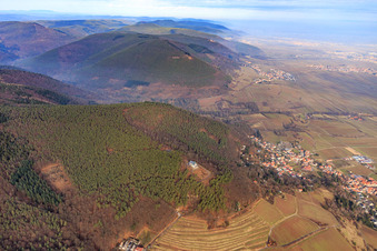 Vue aérienne de Panorama du Haardtrand en hiver depuis le sud, de la chapelle Sainte-Anne au château de Hambach à Burrweiler dans le département Rhénanie-Palatinat, Allemagne