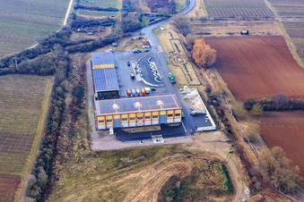 Vue aérienne de Route des vins du Sud, centre de recyclage Nord (près d'Edesheim) en hiver sans neige de l'est à Knöringen dans le département Rhénanie-Palatinat, Allemagne