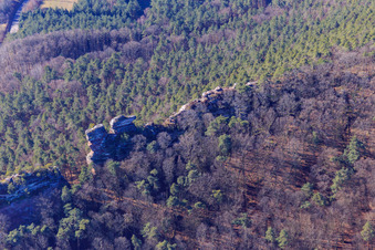 Vue aérienne de Rochers d'escalade Geiersteine dans le Wasgau à Lug dans le département Rhénanie-Palatinat, Allemagne