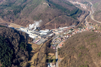 Vue aérienne de Locaux de l'usine de Kartonfabrik Buchmann GmbH à le quartier Sarnstall in Annweiler am Trifels dans le département Rhénanie-Palatinat, Allemagne