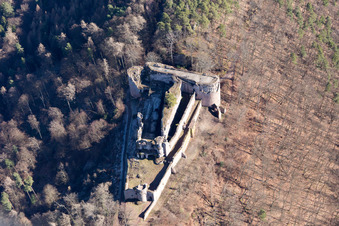 Vue aérienne de Ruines et vestiges des murs de l'ancien complexe du château et du château de Neuscharfeneck à Ramberg dans le département Rhénanie-Palatinat, Allemagne