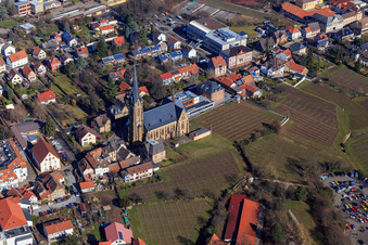 Vue aérienne de Église catholique Saint-Louis dans les vignobles du centre-ville à Edenkoben dans le département Rhénanie-Palatinat, Allemagne