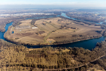 Vue aérienne de Travaux d'étanchéité sur le site de la décharge BASF sur l'île de Flotzgrün sur le Rhin à le quartier Berghausen in Römerberg dans le département Rhénanie-Palatinat, Allemagne