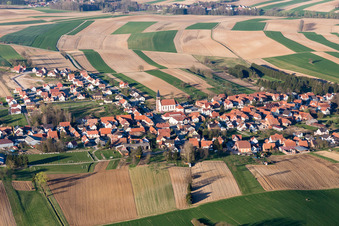 Vue aérienne de Champs agricoles et terres agricoles à Aschbach dans le département Bas Rhin, France