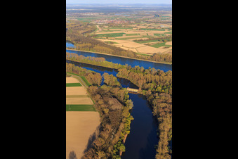 Photographie aérienne de Embouchure du Michelsbach dans le Rhin à la station de pompage de Sonderheim Sud à le quartier Sondernheim in Germersheim dans le département Rhénanie-Palatinat, Allemagne