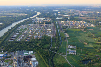 Vue aérienne de Raffinerie d'huile minérale du Rhin supérieur MIRO sur les rives du Rhin depuis le sud à le quartier Knielingen in Karlsruhe dans le département Bade-Wurtemberg, Allemagne