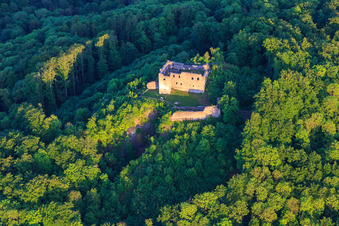 Ruines du château de Bramberg à le quartier Hohnhausen in Burgpreppach dans le département Bavière, Allemagne depuis l'avion