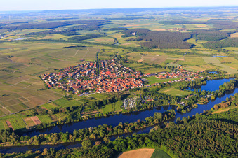 Vue aérienne de Vue sur le village au-delà du Main avec le Camping Katzenkopf à Sommerach dans le département Bavière, Allemagne