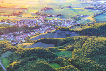Vue aérienne de Vue du village avec des vignes depuis l'est à le quartier Zell am Ebersberg in Knetzgau dans le département Bavière, Allemagne