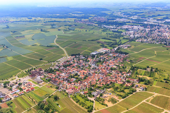 Vue aérienne de Vue d'ensemble du village entre les vignobles des côtés allemand et français depuis le nord-ouest à le quartier Schweigen in Schweigen-Rechtenbach dans le département Rhénanie-Palatinat, Allemagne