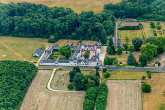 Bâtiments et parc du château à douves Château de Combreux à Combreux dans le département Loiret, France d'en haut