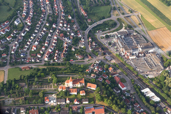 Vue aérienne de Église Sainte-Marie au centre du village à le quartier Unterkochen in Aalen dans le département Bade-Wurtemberg, Allemagne