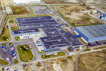 Zone industrielle d'Oberwald, usine de papier Palm à Wörth am Rhein dans le département Rhénanie-Palatinat, Allemagne vue d'en haut