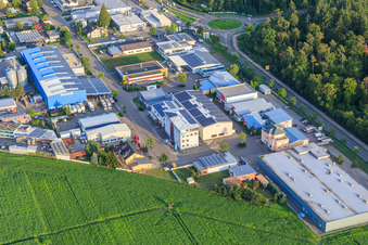 Vue aérienne de Zone industrielle de Goethestraße avec Berry Plastics GmbH, PMO Polsterei Müller et FLABOFORM GmbH à le quartier Kirrlach in Waghäusel dans le département Bade-Wurtemberg, Allemagne