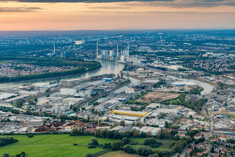 Vue aérienne de Quais et postes d'amarrage des navires dans le bassin portuaire du port intérieur de Rheinauhafen sur le Rhin à le quartier Rheinau in Mannheim dans le département Bade-Wurtemberg, Allemagne
