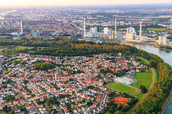 Vue aérienne de Vue de la ville en face du GKM sur les rives du Rhin depuis le sud à Altrip dans le département Rhénanie-Palatinat, Allemagne