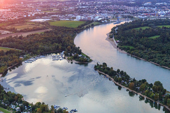 Photographie aérienne de Kiefweiher sur le Rhin au coucher du soleil avec le Sportboot-Club Ludwigshafen/Rhein et le MCP Yacht Club et Restaurant Ludwigshafen à le quartier Rheingönheim in Ludwigshafen am Rhein dans le département Rhénanie-Palatinat, Allemagne