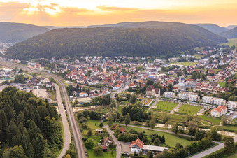 Vue aérienne de Vue de la ville depuis le sud-est avec le château inférieur au parc du Danube à Immendingen dans le département Bade-Wurtemberg, Allemagne