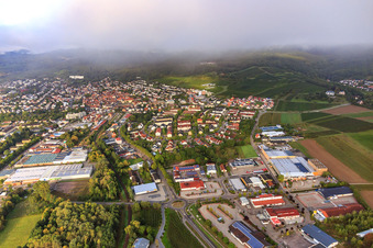 Vue aérienne de Zone commerciale de Weidfeld avec HORNBACH compact Bad Bergzabern et station DEKRA Automobil GmbH Bad Bergzabern à le quartier Pleisweiler in Bad Bergzabern dans le département Rhénanie-Palatinat, Allemagne