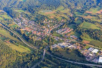 Vue aérienne de Vue du Queichtal depuis le nord-ouest à le quartier Queichhambach in Annweiler am Trifels dans le département Rhénanie-Palatinat, Allemagne