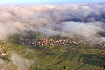 Vue aérienne de Vue du village viticole sous les nuages à Birkweiler dans le département Rhénanie-Palatinat, Allemagne