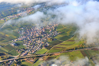 Vue aérienne de Vue du village viticole sous les nuages depuis le nord à Birkweiler dans le département Rhénanie-Palatinat, Allemagne