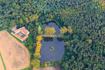 Lachenmühle en bordure de forêt avec lacs de moulin à le quartier Niederlustadt in Lustadt dans le département Rhénanie-Palatinat, Allemagne d'en haut
