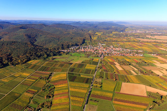 Vue aérienne de Village viticole au bord du Haardt vu du sud à Oberotterbach dans le département Rhénanie-Palatinat, Allemagne
