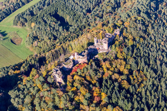 Vue aérienne de Châteaux d'Altdahn et de Neudahn à Dahn dans le département Rhénanie-Palatinat, Allemagne