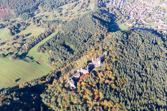 Vue aérienne de Châteaux d'Altdahn et de Neudahn à Dahn dans le département Rhénanie-Palatinat, Allemagne