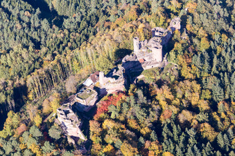 Photographie aérienne de Châteaux d'Altdahn et de Neudahn à Dahn dans le département Rhénanie-Palatinat, Allemagne