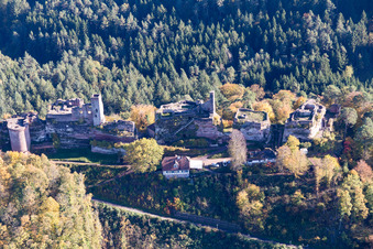Châteaux d'Altdahn et de Neudahn à Dahn dans le département Rhénanie-Palatinat, Allemagne vue d'en haut