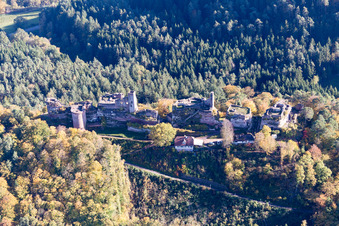 Châteaux d'Altdahn et de Neudahn à Dahn dans le département Rhénanie-Palatinat, Allemagne depuis l'avion