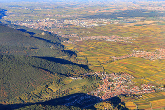 Vue aérienne de Villages viticoles au bord du Haardt depuis le sud-ouest, vue sur Neustadt à le quartier SaintMartin in Sankt Martin dans le département Rhénanie-Palatinat, Allemagne