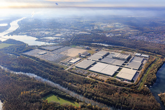 Vue aérienne de Insel Grün avec MOSOLF Logistics & Services GmbH et Mercedes-Benz Global Logistics Center à Germersheim dans le département Rhénanie-Palatinat, Allemagne