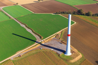 Vue oblique de Chantier de construction d'un mât d'éolienne du parc éolien EnBW Freckenfeld - pour une éolienne à 6 éoliennes à Freckenfeld dans le département Rhénanie-Palatinat, Allemagne