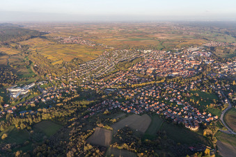 Vue aérienne de Vue du village devant les vignobles de Sonnenberg, les rues et les maisons des quartiers résidentiels à Wissembourg dans le département Bas Rhin, France