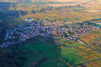 Vue aérienne de Village viticole de l'ouest entre les vignes aux couleurs d'automne à Oberotterbach dans le département Rhénanie-Palatinat, Allemagne