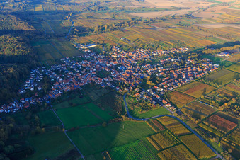 Vue aérienne de Village viticole de l'ouest entre les vignes aux couleurs d'automne à Oberotterbach dans le département Rhénanie-Palatinat, Allemagne