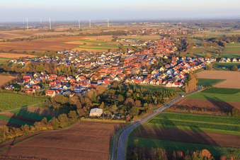 Vue aérienne de Vue du village depuis l'ouest derrière la pépinière à Wörth am Rhein dans le département Rhénanie-Palatinat, Allemagne
