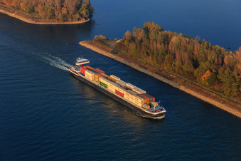 Vue aérienne de Porte-conteneurs sur le Rhin près de Rußheimer Altrhein à Germersheim dans le département Rhénanie-Palatinat, Allemagne