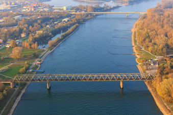 Vue aérienne de Pont ferroviaire du Rhin vu du sud à Germersheim dans le département Rhénanie-Palatinat, Allemagne