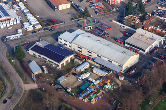 Vue aérienne de Barthelsmühlring avec échelle tournante atelier Beitel und Stier GmbH, Ronnys Folienwelt GmbH et Liquid Hydraulik GmbH à le quartier Minderslachen in Kandel dans le département Rhénanie-Palatinat, Allemagne