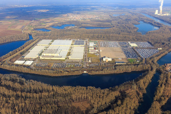 Vue aérienne de Insel Grün avec le centre logistique mondial Mercedes-Benz et MOSOLF Logistics & Services GmbH à Germersheim dans le département Rhénanie-Palatinat, Allemagne