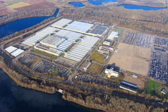 Photographie aérienne de Insel Grün avec le centre logistique mondial Mercedes-Benz et MOSOLF Logistics & Services GmbH à Germersheim dans le département Rhénanie-Palatinat, Allemagne