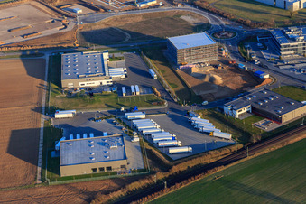 Vue aérienne de Zone industrielle dans la vallée de Spire avec TRANSAC International Speditionsgesellschaft mbH, Markthalle 5, et le chantier de construction du nouveau bâtiment de Kardex Software GmbH à Rülzheim dans le département Rhénanie-Palatinat, Allemagne