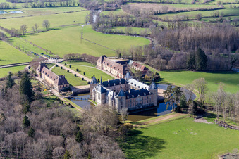 Vue aérienne de Bâtiments et installations du parc du château à douves Sully à Sully dans le département Saône et Loire, France