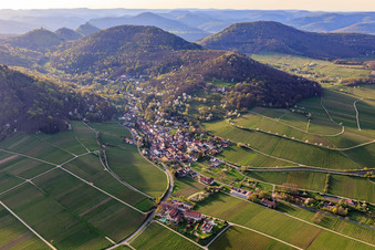 Vue aérienne de Village viticole au bord du Haardt vu du sud-est au printemps à Leinsweiler dans le département Rhénanie-Palatinat, Allemagne