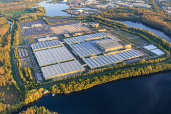 Vue aérienne de Île verte dans le Lingenfeld Altrhein avec le centre logistique mondial Mercedes-Benz et MOSOLF Logistics & Services GmbH à Germersheim dans le département Rhénanie-Palatinat, Allemagne